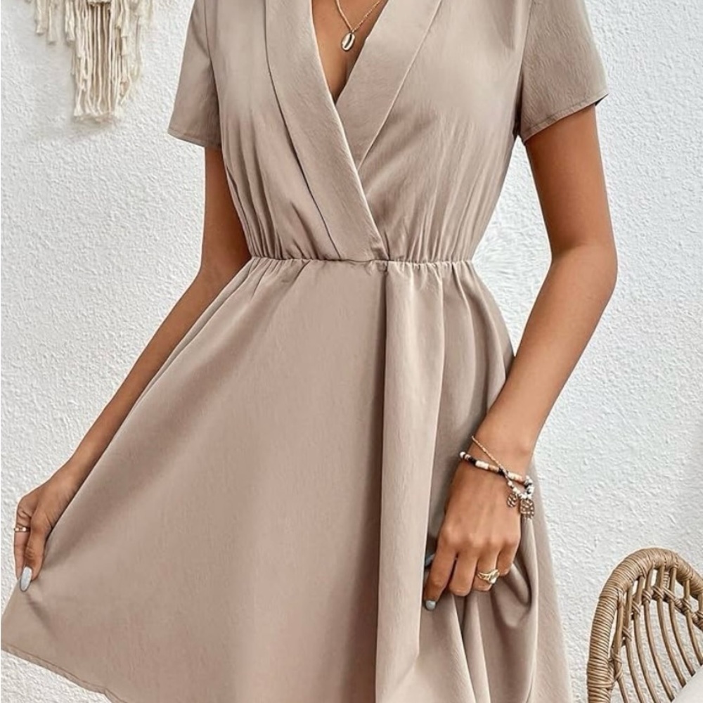 SHEIN Women's Beige Wrap A-Line Knee Length Dress Size XS Casual Summer - Picture 2 of 7